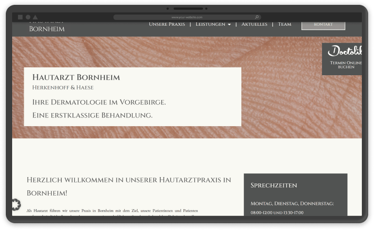 Screenshot Hautärzte Bornheim Projekt Desktop - Umgesetzt von Seitenstube - Deiner Agentur für Software- und Website-Entwicklung
